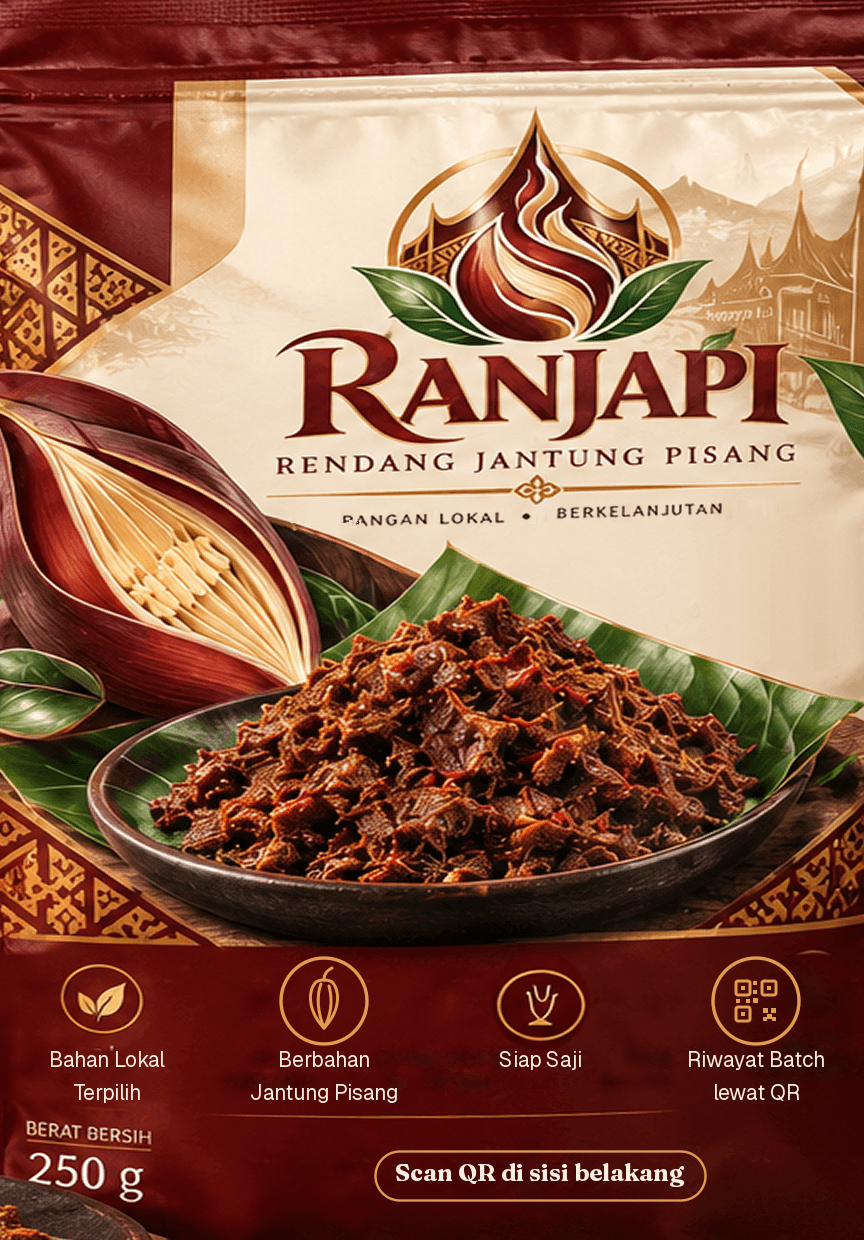 Ilustrasi desain kemasan depan RANJAPI Rendang Jantung Pisang siap saji 250 gram