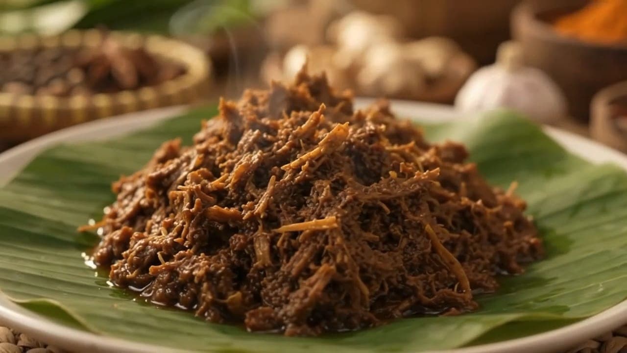 Rendang jantung pisang di atas daun pisang dengan bumbu dan rempah di latar belakang