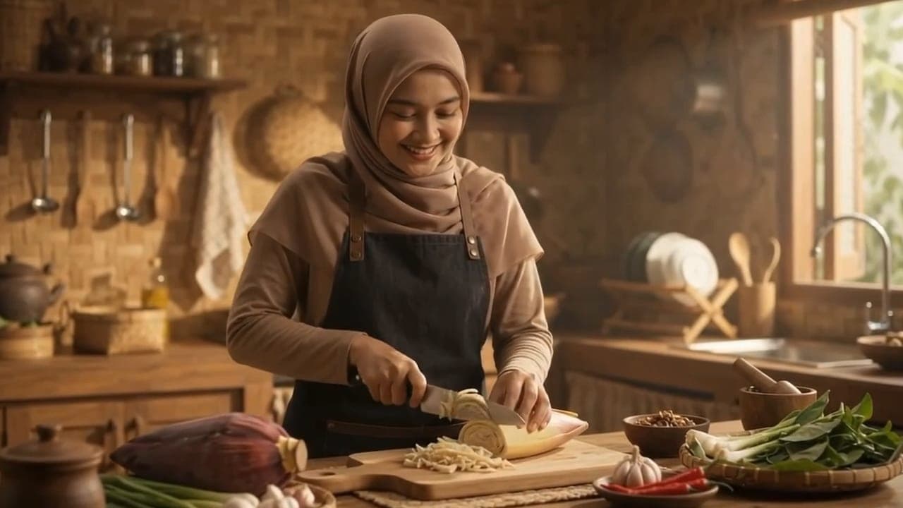 Seorang ibu berhijab mengiris jantung pisang di dapur
