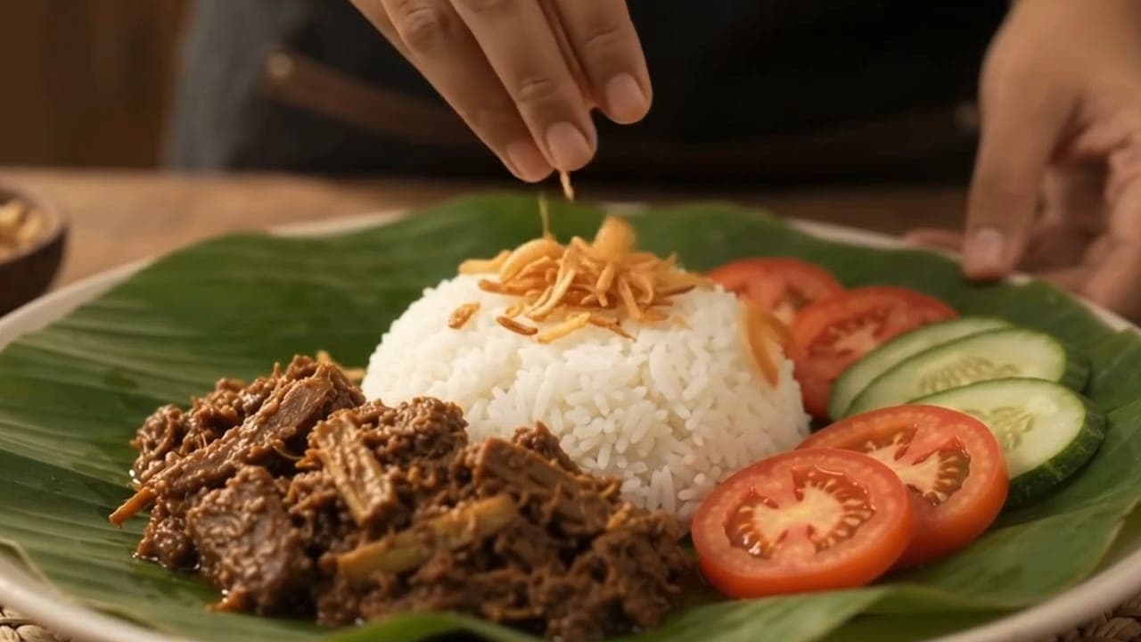 Rendang jantung pisang dengan nasi, tomat, dan timun, nasinya ditaburi bawang goreng