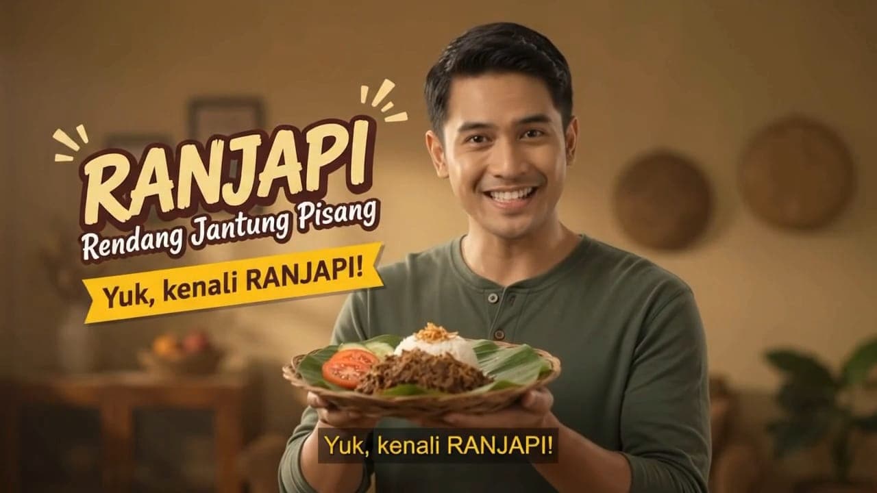 Seorang pria memegang piring rendang dengan tulisan RANJAPI dan Yuk, kenali RANJAPI!